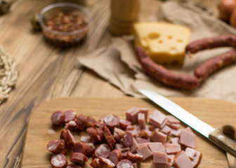 Sliced Bavarian sausages.