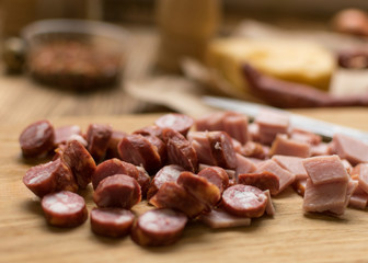 Sliced Bavarian sausages.