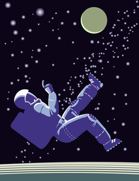 Astronaut in open space with stars and planets on background. Vector illustration.