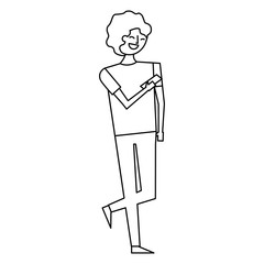 man character standing holding smartphone in hand vector illustration outline design