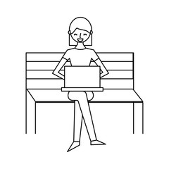 young woman sitting on bench with her laptop vector illustration outline design