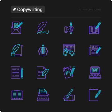 Copywriting thin line icons set: letter, e-mail, book, blogging, hand with pen, feather, typewriter, article, seo. Modern vector illustration for black theme.