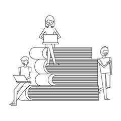 people using technology devices and pile books vector illustration outline design