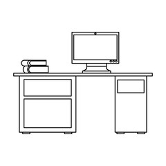 office desk with computer and stack books vector illustration outline design