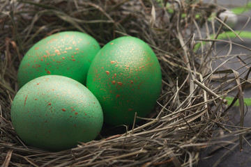Naklejka na ściany i meble Easter background. Colored eggs in nest on gray stone surface