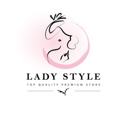 Vector artistic logo with hand drawn lady in hat portrait isolated on white background. Outline drawing. Good for women accessory & cloth boutique, cosmetic shop, girl care salon, fashion store emblem