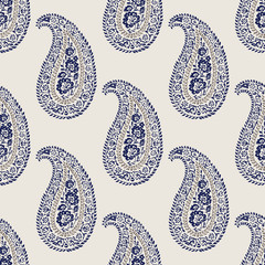 Indigo dye woodblock printed seamless ethnic paisley pattern. Traditional oriental ornament of India, navy blue and taupe on ecru background. Textile design. - 197215901