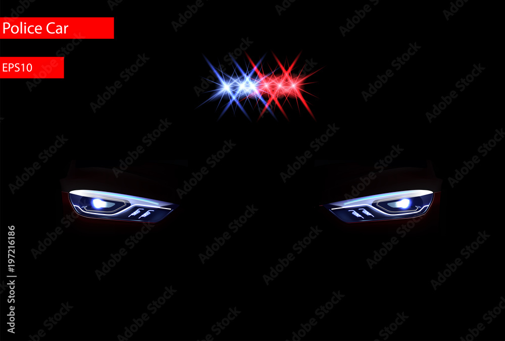 Poster headlights flares and siren effect front view. realistic white glow headlights isolated on fog trans