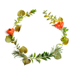 Flowers composition. Wreath made of orange flowers and green leaves on white background. Flat lay, top view