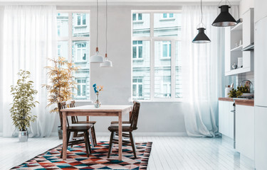 Open plan modern urban apartment kitchenette