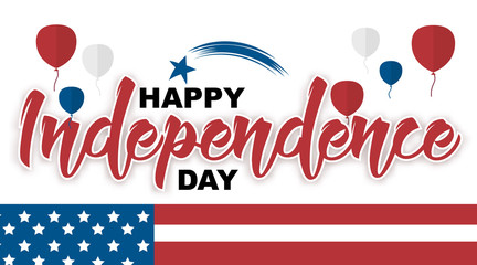 Fototapeta na wymiar Happy Independence Day hand drawn quote isolated on white background vector illustration. Handwritten calligraphic lettering, flat balloons, flag 4th of July design for greeting cards, banners, flyers