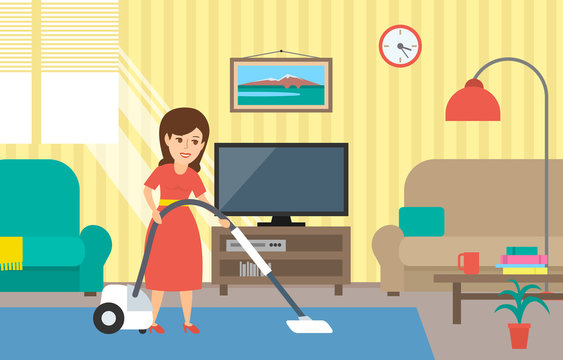 woman housewife cleaning a room with vacuum cleaner