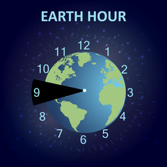 Earth hour poster of planet and starry space background. Save energy. Earth hour concept. Vector illustration