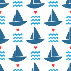 Simple marine seamless pattern. Repeated silhouettes of sailboats, waves and hearts. Endless sea print.