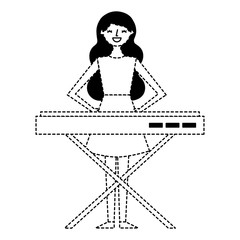 cute cartoon happy woman playing synthesizer vector illustration dotted line
