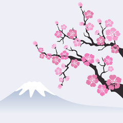 Sakura blossom on mountain landscape.