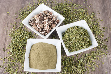 Seeds, leaves and moringa powder - Moringa oleifera