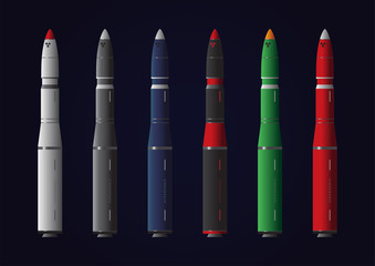 Set of various colorful missiles, or rockets, on dark background