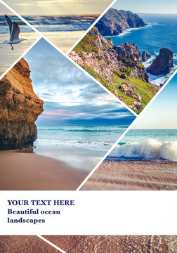 Fototapeta Beautiful collage with space for text, views of the ocean, the coast of Portugal, a tourist collage with seascapes