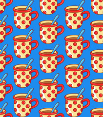 Tea cup mug doodle seamless vector pattern