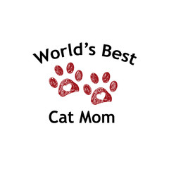 Red paw print and heart. World's Best Cat mom text. Happy Mother's Day background