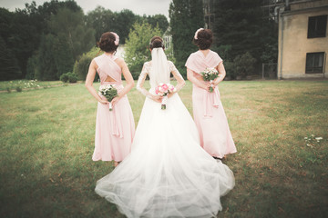 Bride with bridesmaids in the park on the wedding day