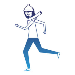 cute woman running in warm clothes vector illustration degraded blue