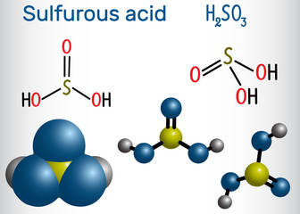 Sulfurous acid (sulphurous acid, H2SO3) molecule. Structural chemical formula and molecule model