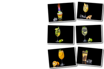 Collage on white background different alcoholic cocktail