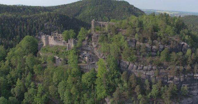 Oybin Zittauer Gebirge - Drone moving around over beautiful Landscape - Germany Saxony 4k