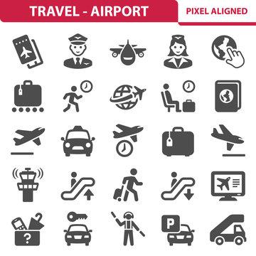 Travel & Airport Icons. Professional, pixel perfect icons depicting various travel and airport concepts. EPS 8 format.