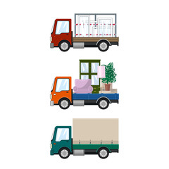 Set of Small Cargo Trucks, Car Transports Windows, Orange Mini Lorry with Furniture, Green Closed Truck, Transport and Delivery Services, Logistics, Vector Illustration
