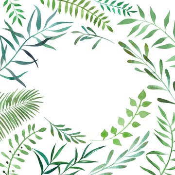Hand drawn watercolor illustration of botanical branches. Decorative graphic frame for wedding branding, invitations, greeting card. Isolated on white background. Place for text.