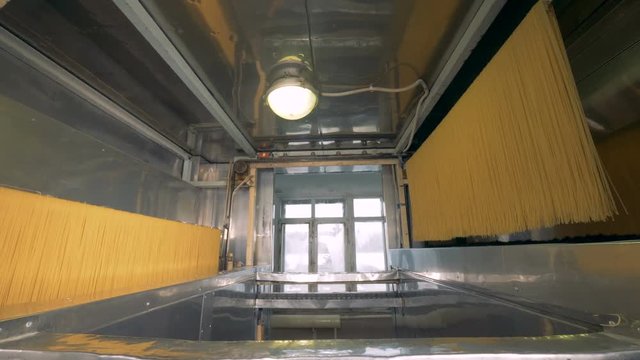 One line of hanging spaghetti is being lifted and relocated. Spaghetti production line.