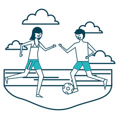 couple cartoon playing in the beach with soccer ball vector illustration green design