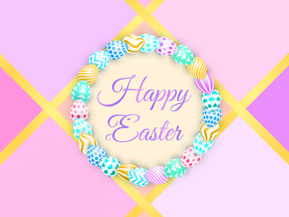 easter background with bright eggs. lettering Happy Easter with bunny. colorful vector illustration for greetings card