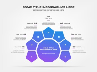 Chart of percentage infographics. Element of graph, diagram with 7 options - parts, processes, timeline. Vector business template for presentation, workflow layout, annual report