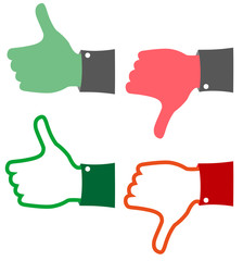red and green feedback thumbs up and down hands showing approval or disapproval