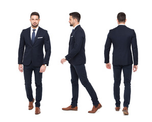 Young stylish businessman front rear side view isolated