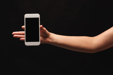 Female hand holding mobile smart phone with blank screen