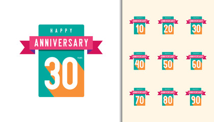 Set of anniversary logotype. Colorful anniversary celebration icons design for booklet, leaflet, magazine, brochure poster, web, invitation or greeting card.