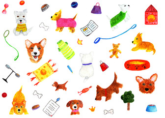 Pattern with dogs and bright objects. Watercolor illustration. A cheerful pattern with dogs, such as Scotch Terrier, West Highland White Terrier.