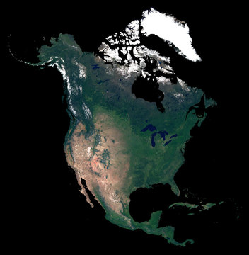 Isolated on black background silhouette map of North America continent. Satellite photo of North America (United States, Canada, Mexico countries). Earth from space.