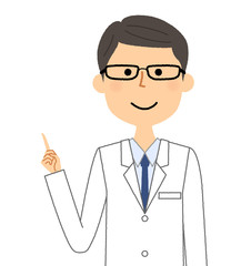 白衣の男性　指をさす