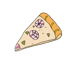 Pizza with shrimp icon in hand drawn style.