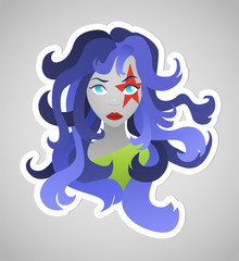 Colorful illustration of girl in modern flat style with purple hair and red star on face