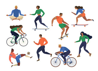 Plakat Vector stylized illustration active young people. Healthy lifestyle. Roller skates, running, bicycle, run, walk, yoga. Design element colorful.