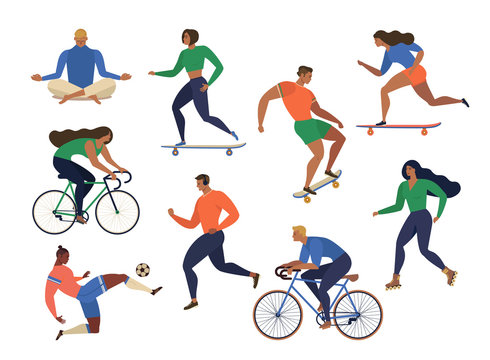 Vector stylized illustration active young people. Healthy lifestyle. Roller skates, running, bicycle, run, walk, yoga. Design element colorful.