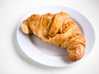 Single croissant on a white plate and background