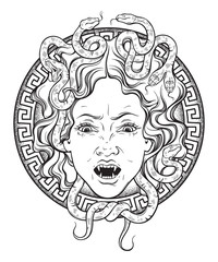 Medusa Gorgon head on a shield hand drawn line art and dot work tattoo or print design isolated vector illustration. Gorgoneion is a protective amulet.